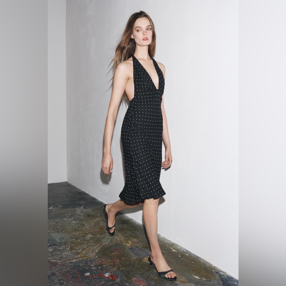 Zara Black Polka Dot Backless Halter Midi Dress